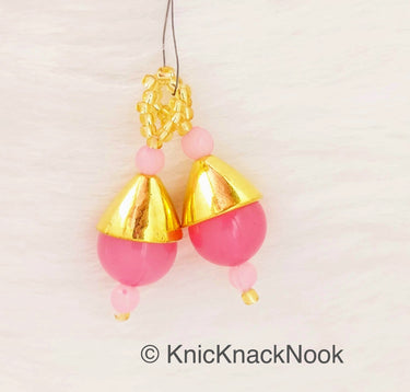 Pink Bead Tassels Latkan, Indian Antique Distressed Latkans, Gold Beaded Danglers